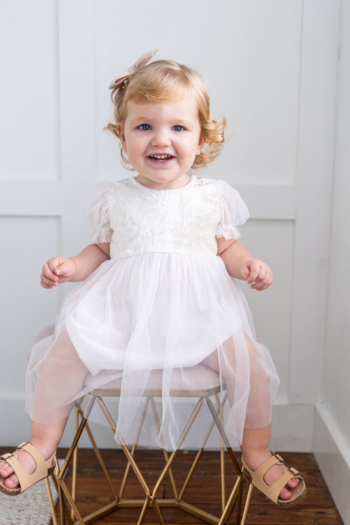 White Tulle Solid Color Puff Sleeves Gathered Dress dress & diaper cover DRESS Yo Baby India