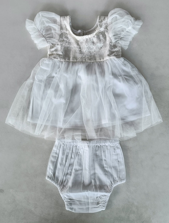 White Tulle Solid Color Puff Sleeves Gathered Dress dress & diaper cover DRESS Yo Baby India