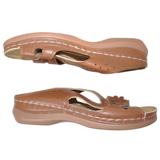 Womens Tan Floral Wedge Sandals Perforated Slip On Comfort Slides Brown EU 410
