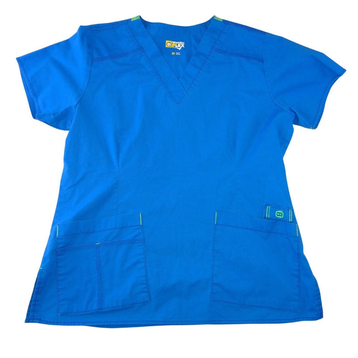 WonderWink WonderFlex Womens Blue V Neck Scrub Top Short Sleeve Medium 01680