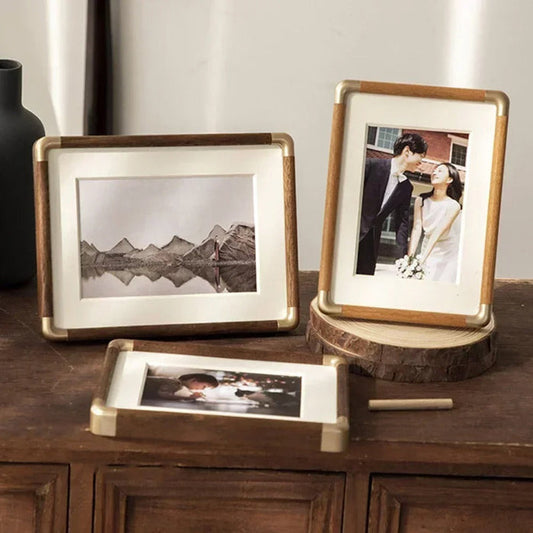 Wood Tabletop Photo Frame | Solid Wood Frame with Metal Corner Accents | Freestanding Picture Display