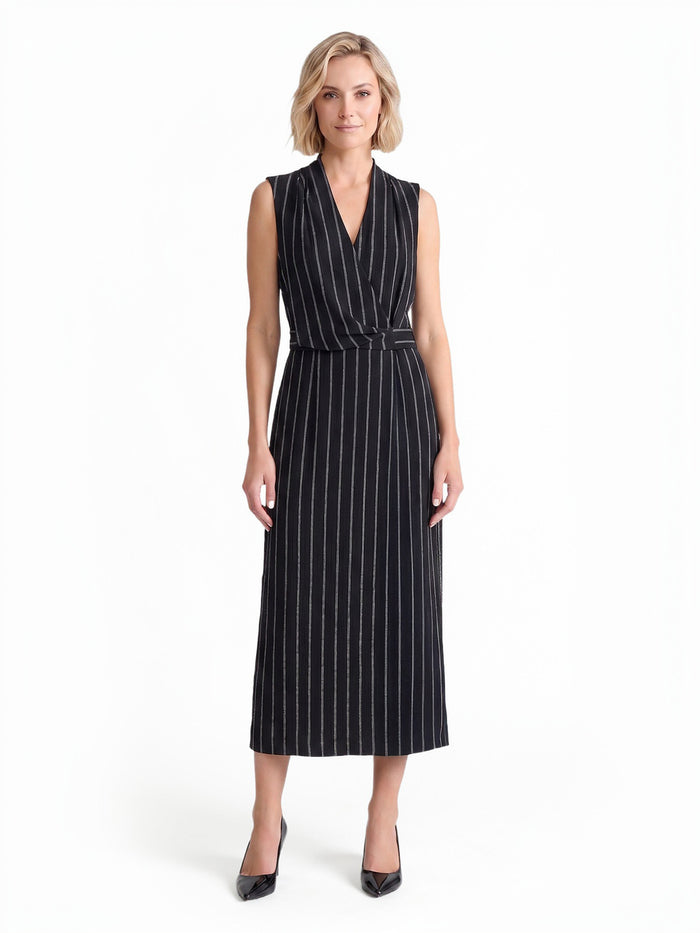 Wrap Front Sleeveless Dress, Pinstripe Knit, Black/White | Kasper
