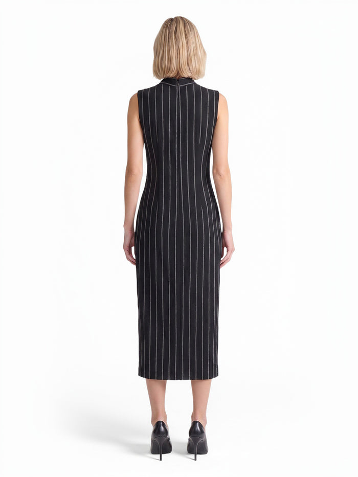 Wrap Front Sleeveless Dress, Pinstripe Knit, Black/White | Kasper