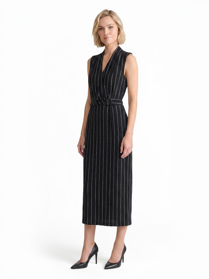 Wrap Front Sleeveless Dress, Pinstripe Knit, Black/White | Kasper