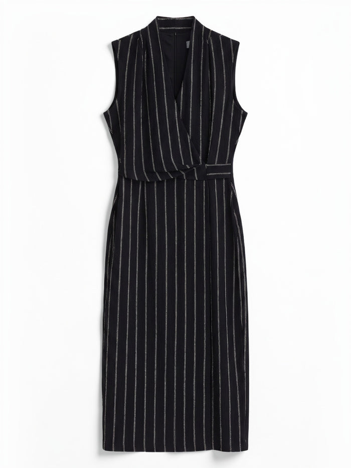 Wrap Front Sleeveless Dress, Pinstripe Knit, Black/White | Kasper