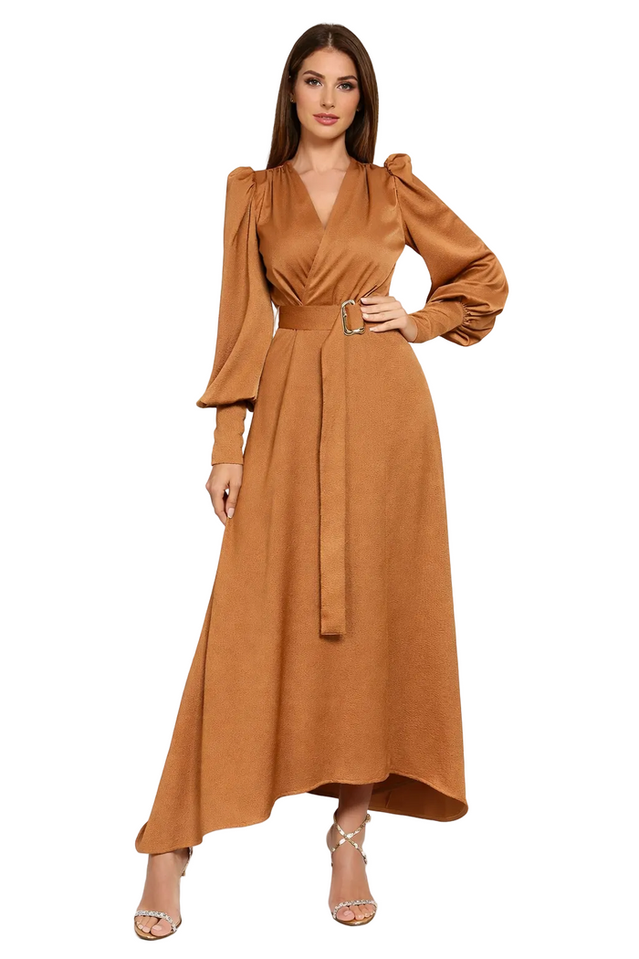 Wrap-style long-sleeve midi dress with waist belt – AURELIA