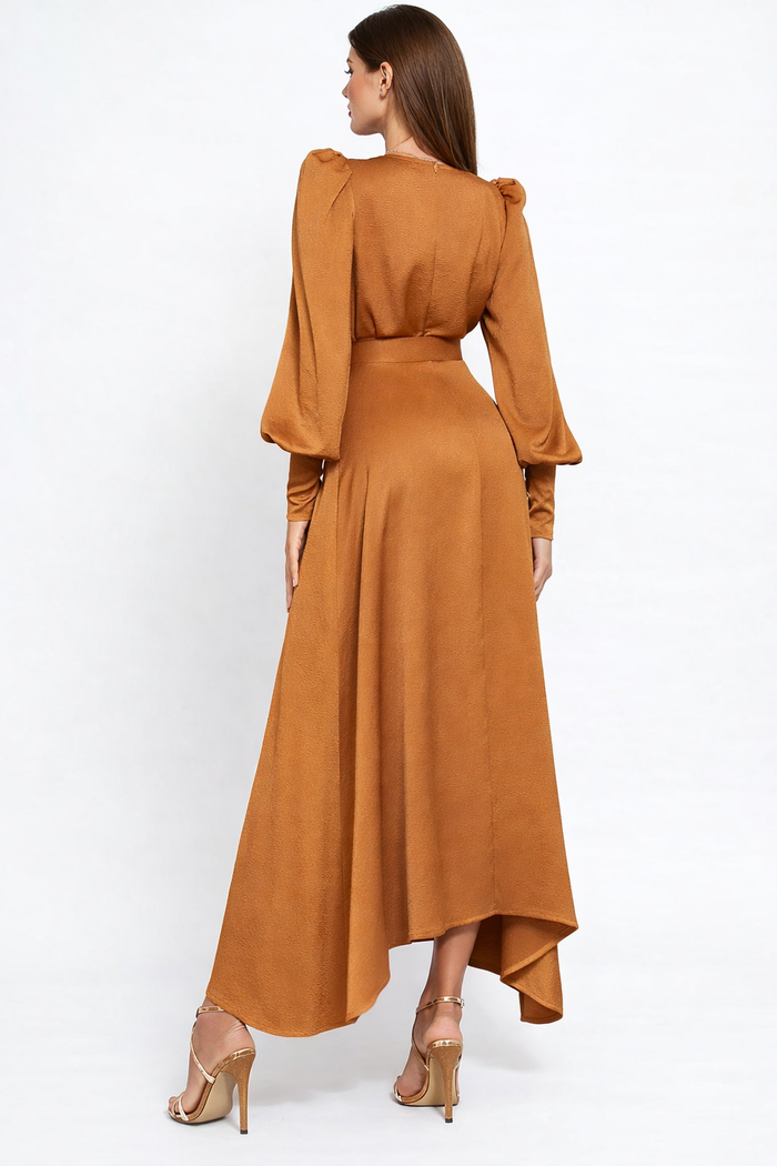 Wrap-style long-sleeve midi dress with waist belt – AURELIA