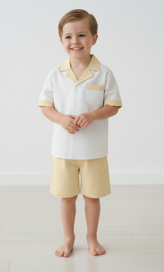 Yellow Easter Egg Hunt Shorts & Shirt Set – Infant, Toddler & Tween, Cotton, Mother of Pearl Buttons