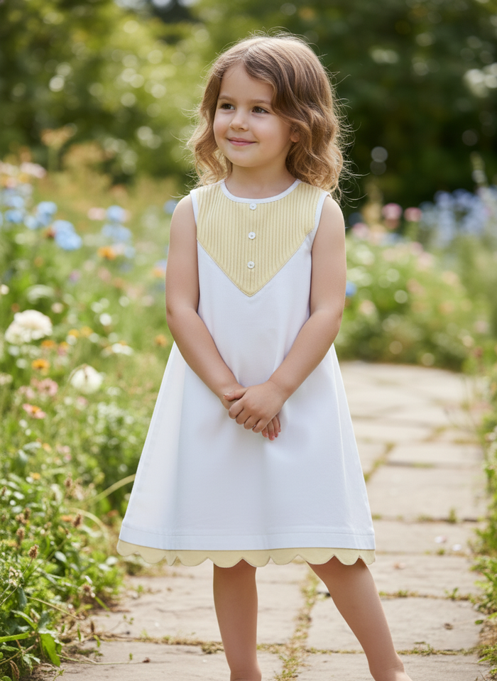 Yellow Eve Dress – Infant, Toddler & Tween, Cotton, Mother of Pearl Buttons, Bloomers Included