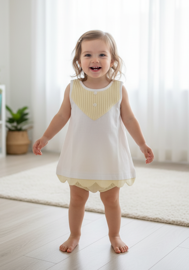 Yellow Eve Dress – Infant, Toddler & Tween, Cotton, Mother of Pearl Buttons, Bloomers Included