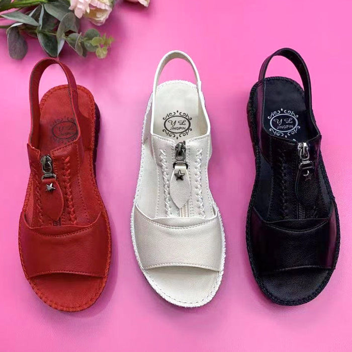 Zipper Flat Soft Leather And Sole Comfort Sandals