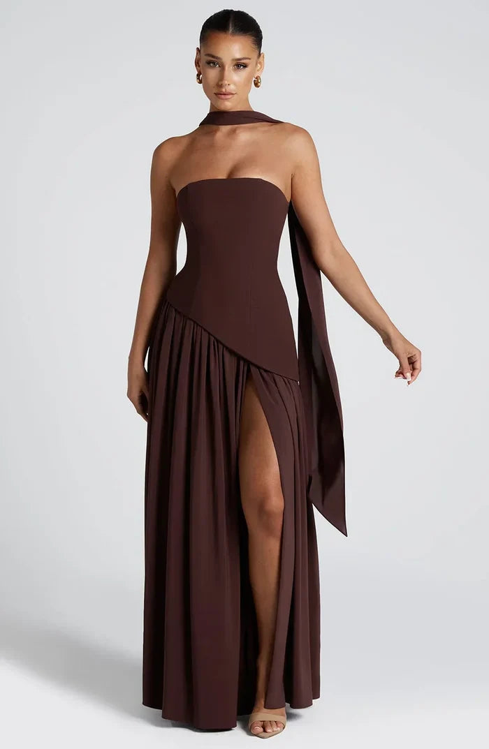 Zoe - Formal Women's Wedding Guest Dress with Halter Scarf Neck and Thigh Slit
