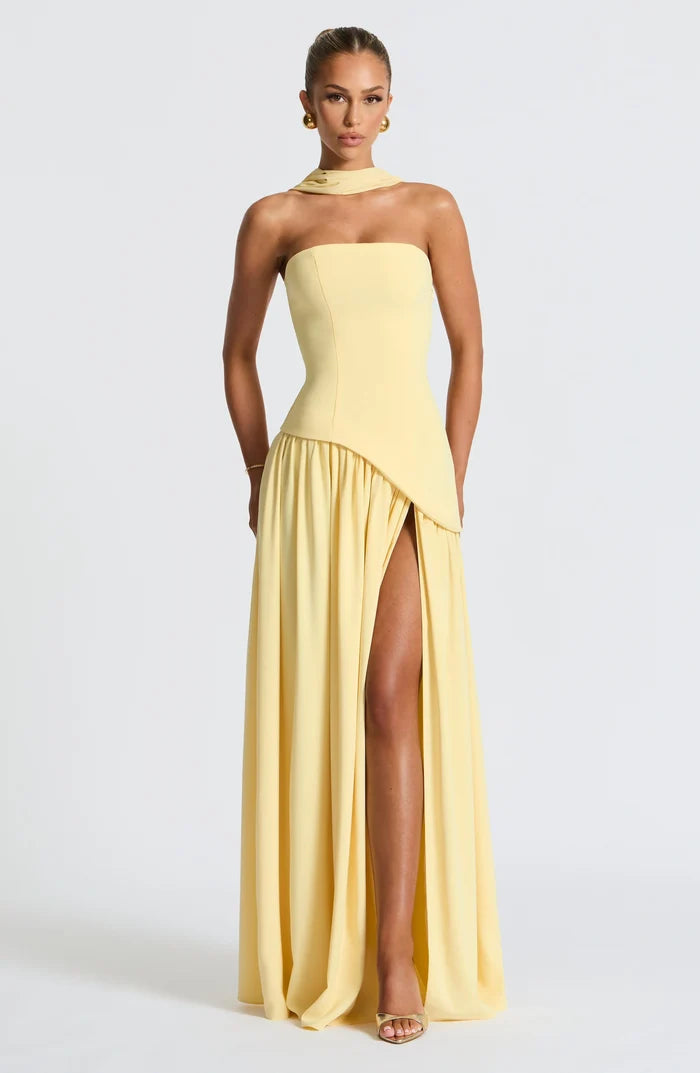 Zoe - Formal Women's Wedding Guest Dress with Halter Scarf Neck and Thigh Slit
