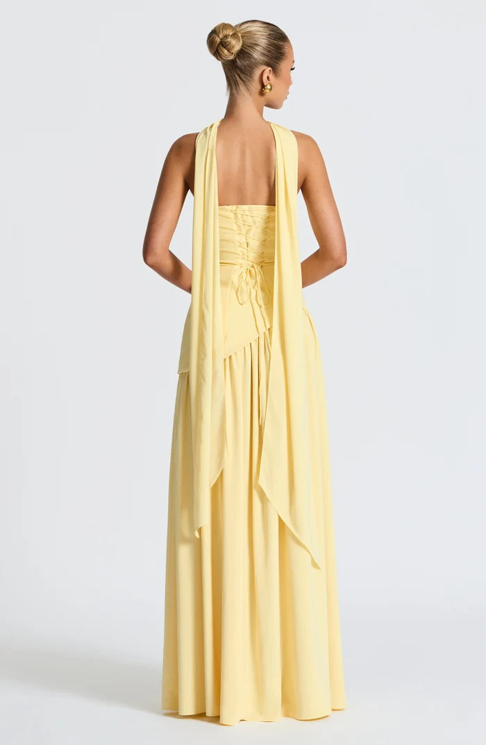 Zoe - Formal Women's Wedding Guest Dress with Halter Scarf Neck and Thigh Slit