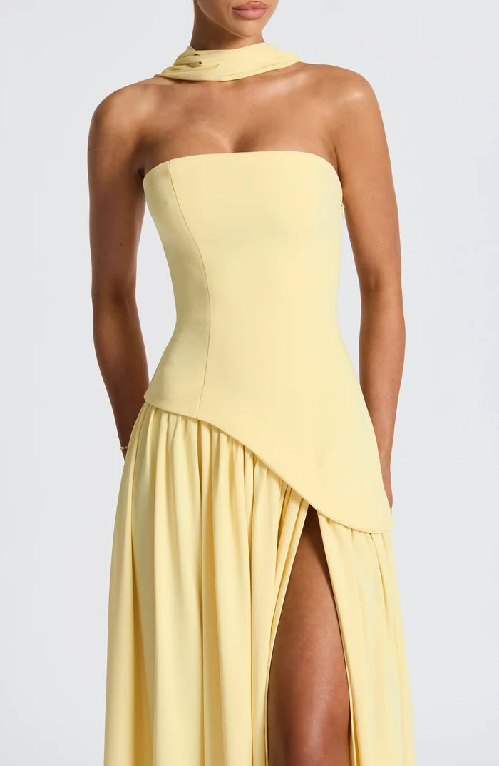 Zoe - Formal Women's Wedding Guest Dress with Halter Scarf Neck and Thigh Slit
